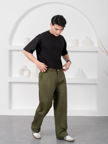  Quần kaki widleg ống rộng xanh rêu 06 