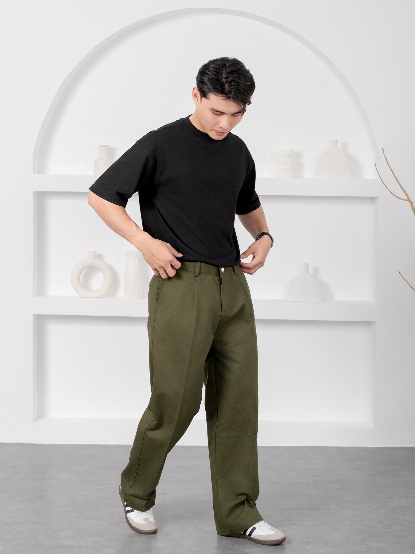  Quần kaki widleg ống rộng xanh rêu 06 