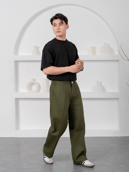  Quần kaki widleg ống rộng xanh rêu 06 