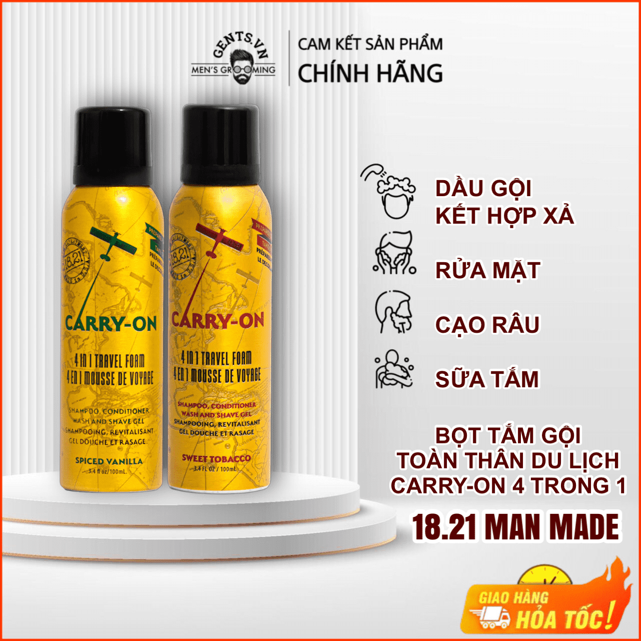 Sữa tắm, dầu gội xả, bọt cạo râu 4in1 cho nam 18.21 Man Made Carry-On Travel Foam 100ml Sweet Tobacco và Spiced Vanilla