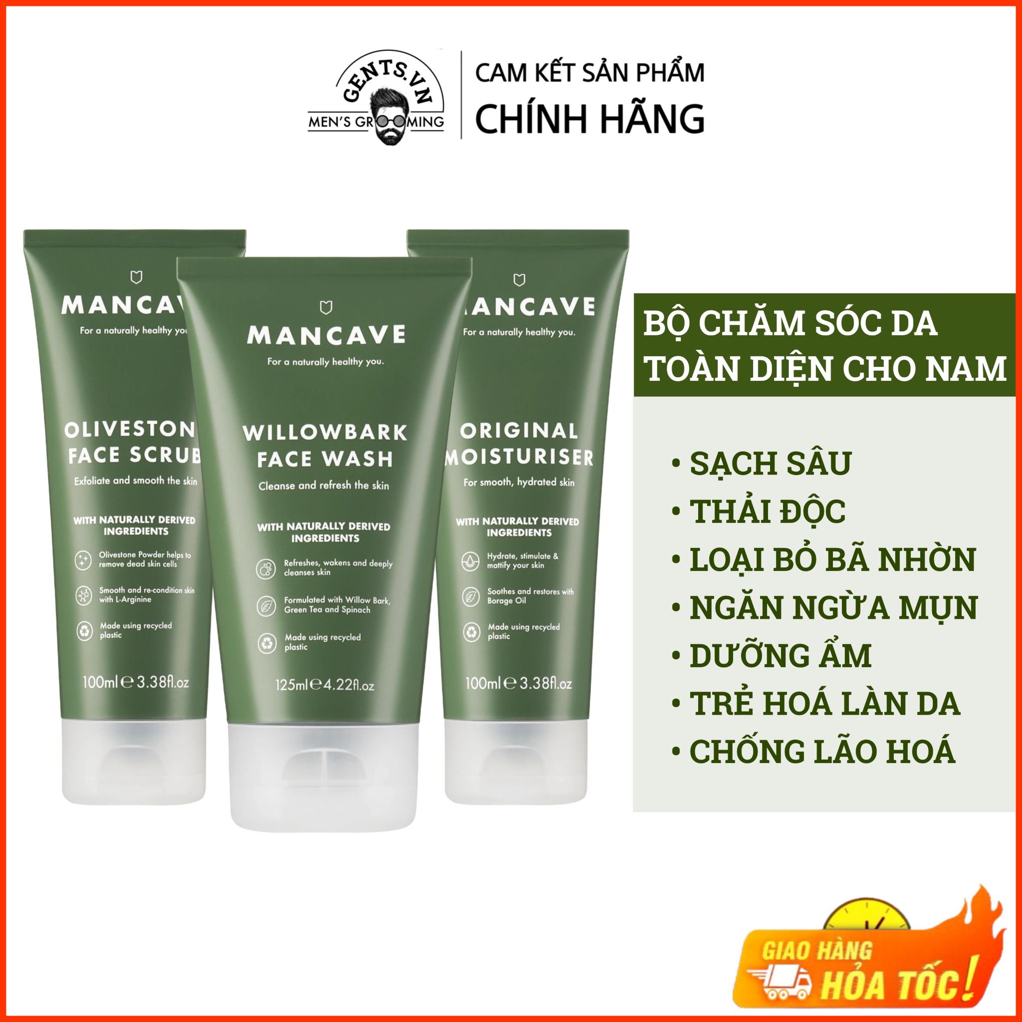  Bộ sữa rửa mặt, tẩy tế bào chết và kem dưỡng ẩm da cho nam ManCave Original SkinCare Set - Sạch sâu, ngừa mụn, giảm bã nhờn cho nam. 