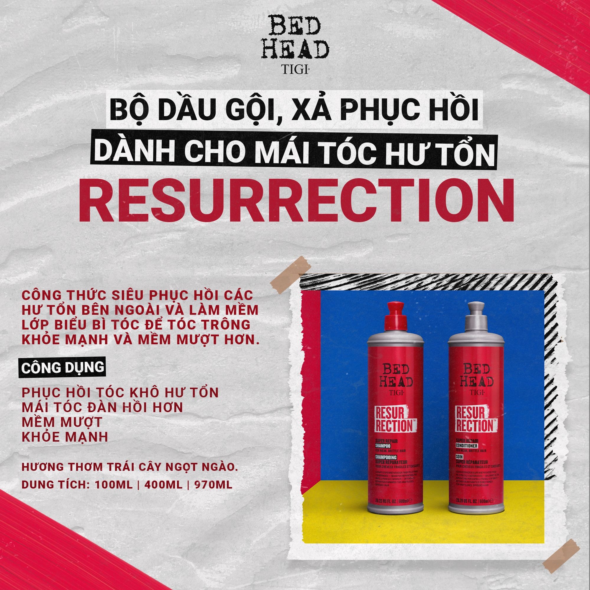 Bộ dầu gội xả Tigi Bed Head Resurrection cho tóc khô hư tổn nặng 970ml - Phục hồi hư tổn, siêu mượt 