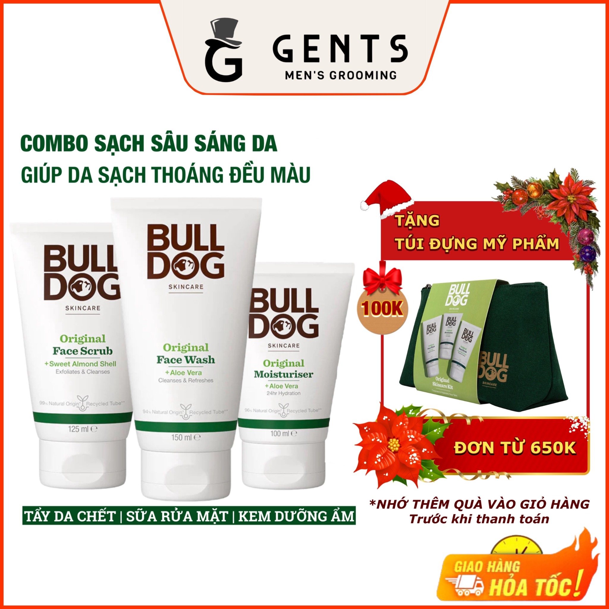 Bộ chăm sóc sạch sâu, sáng da, đều màu cho nam Bulldog Skincare Original gồm sữa rửa mặt, tẩy tế bào chết & kem dưỡng ẩm