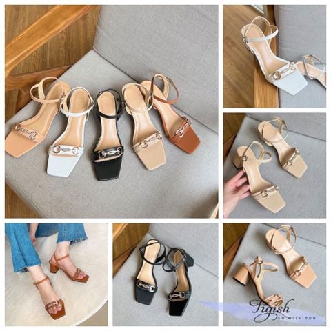  Sandal 5p gót trụ mũi vuông bảng ngang phối khóa ngang - MS: S5-23033 