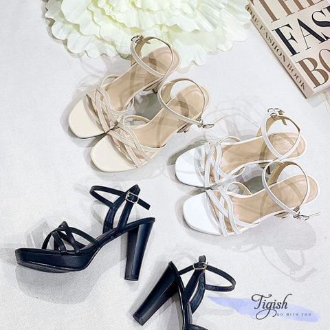  Sandal 10 gót trụ mũi vuông nhỏ đúp mũi 3 quai mảnh đan - MS: S10-23019 