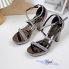 Sandal 9p gót trụ mũi tròn quai ngang đính đá hậu bít - MS: S9-23015