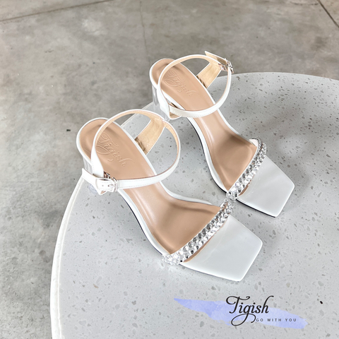  Sandal 7p gót trụ mika mũi vuông quai ngang đính đá - MS: S7-23023 