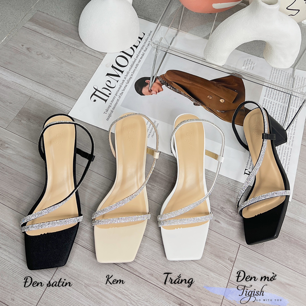 Sandal 5p gót trụ mũi vuông quai ngang chéo đính đá - MS: S5-23043