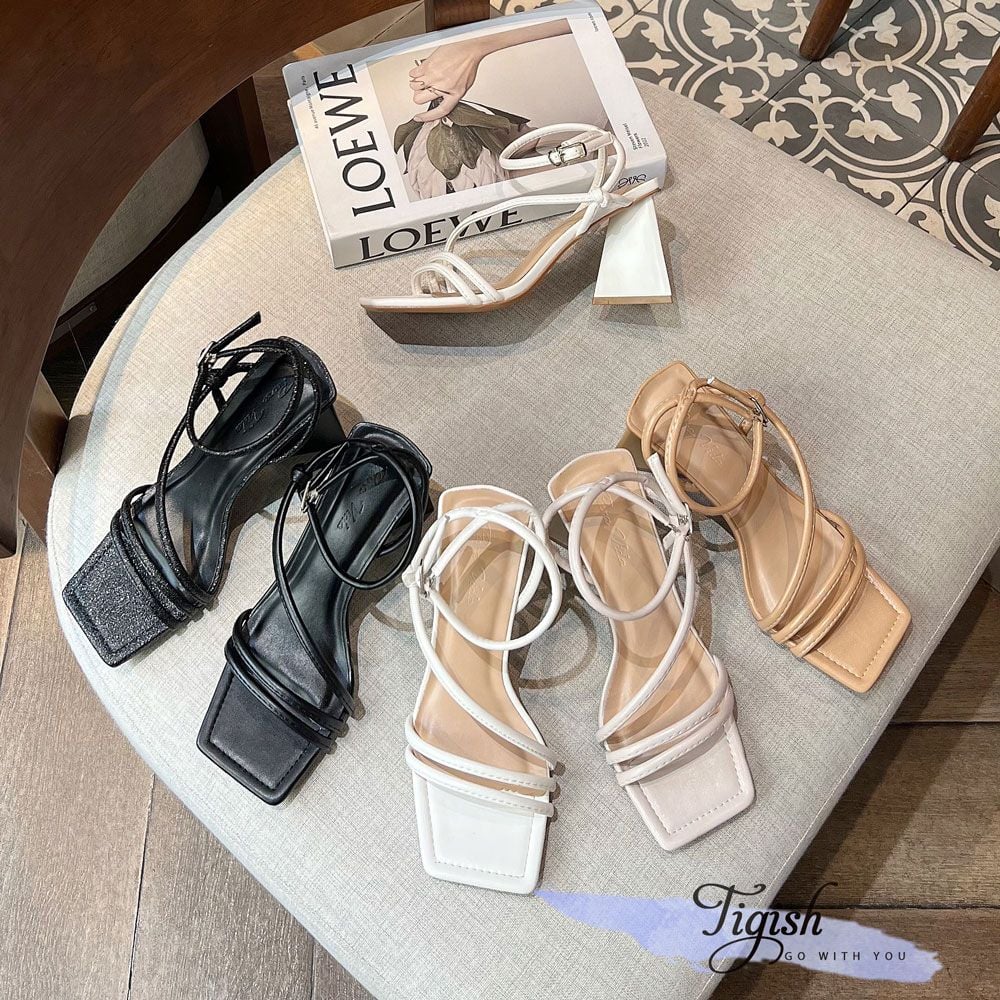 Sandal 9p gót tam giác mũi vuông quai ngang nhỏ hậu trước đan chéo - MS: S9-26004