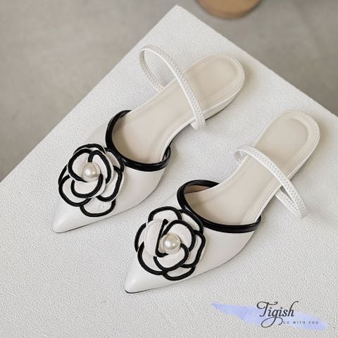  Cao gót 1p mũi vuông phối viền đính hoa - MS: C1-10007 