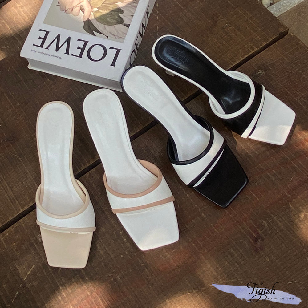 Guốc 7p gót vuông nhỏ mũi vuông viền quai phối màu - MS: G7-23006