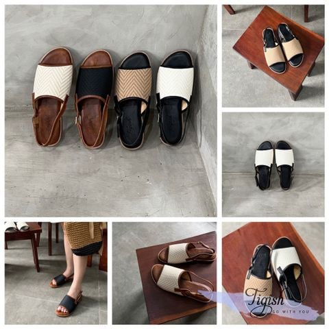  Sandal 2p gót vân gỗ mũi tròn quai ngang vải phối viền - MS: S2-01003 