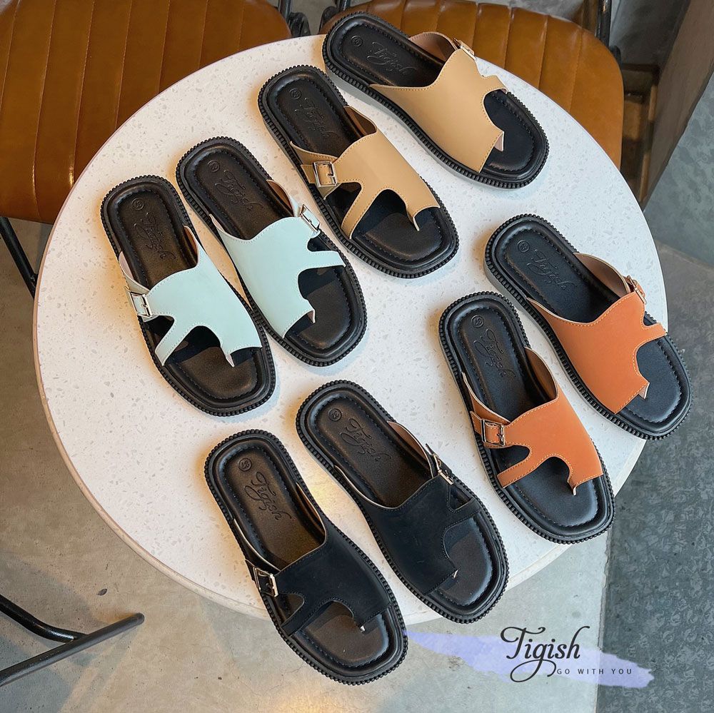 Dép xẹp mũi tròn xỏ ngón khuyết eo phối khóa - MS: DX-01040