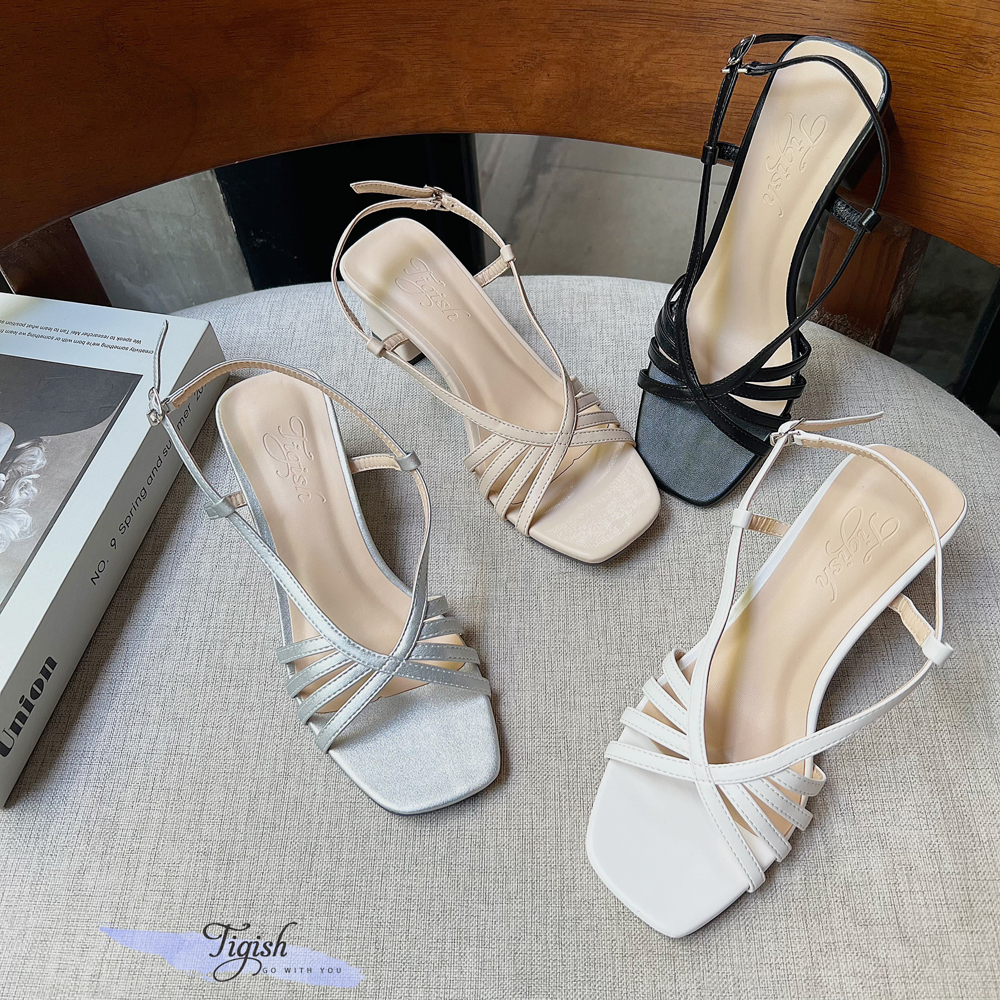Sandal 5p gót vuông mũi vuông 8 dây mảnh nối hậu - MS: S5-06030