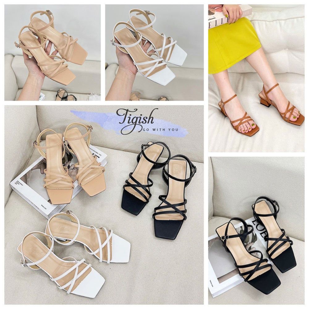 Sandal 5p gót xéo mũi vuông 3 dây quai mảnh may chỉ - MS: S5-23040