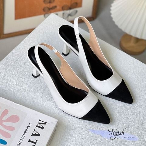 Cao gót 7p gót vuông nhỏ mũi nhọn vá mũi hậu hở thun - MS: C7-10018 