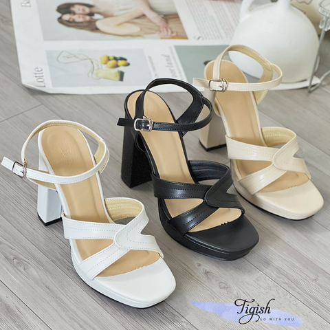  Sandal 11p gót trụ đúp mũi mũi vuông quai gấp lệch may chỉ - MS: S11-23002 