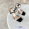 Sandal 7p gót trụ mika mũi vuông quai ngang đính đá - MS: S7-23023