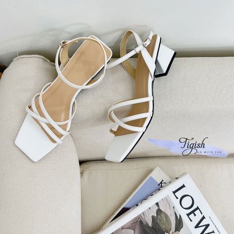  Sandal 5p gót xéo mũi vuông 3 dây quai mảnh may chỉ - MS: S5-23040 