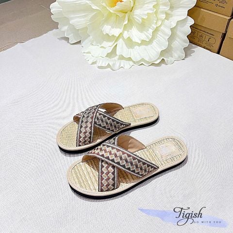  Dép cói mũi tròn 2 quai chéo họa tiết - MS: DX-01056 