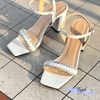 Sandal 7p gót trụ mũi vuông quai ngang dúm viền đá - MS: S7-23027