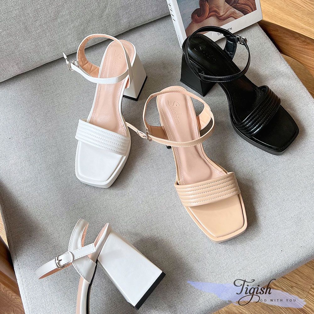 Sandal 10p gót vuông xéo mũi vuông bàng ngang may chỉ - MS: S10-65001