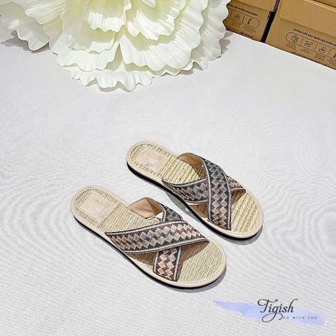  Dép cói mũi tròn 2 quai chéo họa tiết - MS: DX-01056 