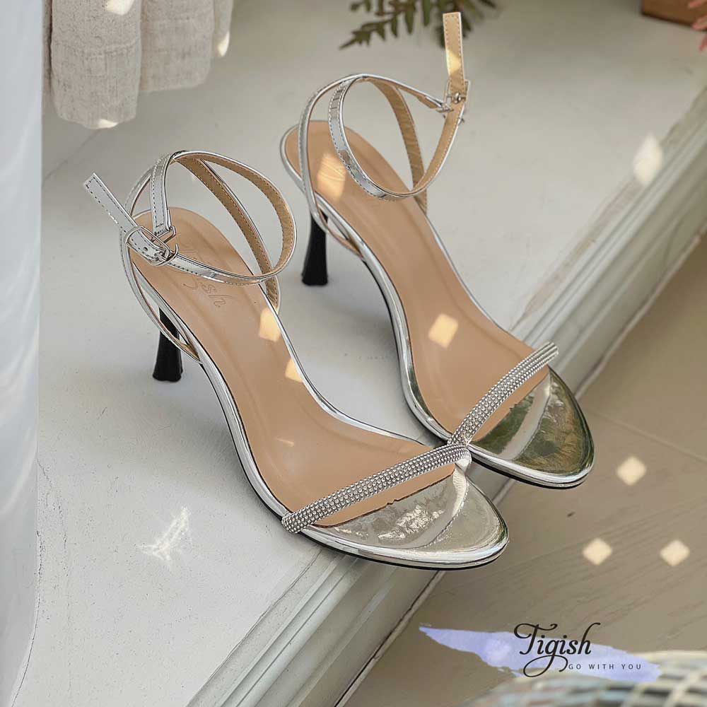 Sandal 7p gót vuông nhỏ mũi tròn quai ngang mảnh đính đá - MS: S7-23026