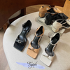 Sandal 5p gót trụ mũi vuông quai ngang phối khóa - MS: S5-26021