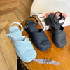 Sandal 8p vải jeans gót trụ mũi vuông 2 quai chéo may chỉ - MS: S8-58002