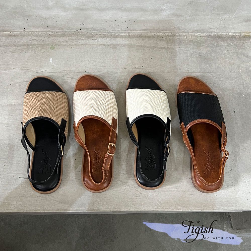 Sandal 2p gót vân gỗ mũi tròn quai ngang vải phối viền - MS: S2-01003