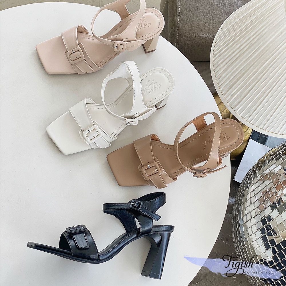 Sandal 7p gót trụ mũi vuông quai ngang phối khóa vuông - MS: S7-75004