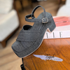 Sandal 8p vải jeans gót trụ mũi vuông 2 quai chéo may chỉ - MS: S8-58002