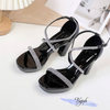 Sandal 9p gót trụ mũi tròn quai ngang đính đá hậu bít - MS: S9-23015