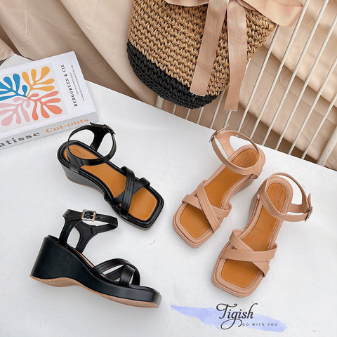  Sandal 7p đế xuồng mũi vuông 2 quai chéo - MS: S7-84001 