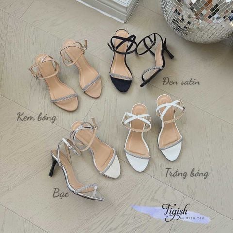  Sandal 7p gót vuông nhỏ mũi tròn quai ngang mảnh đính đá - MS: S7-23026 