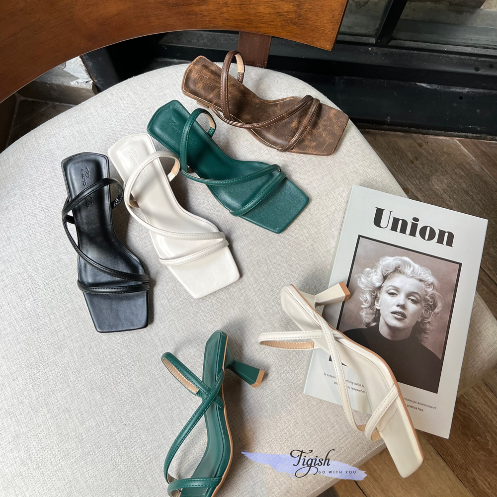 Sandal 7p gót vuông nhỏ mũi vuông quai ngang chéo - MS: S7-26031