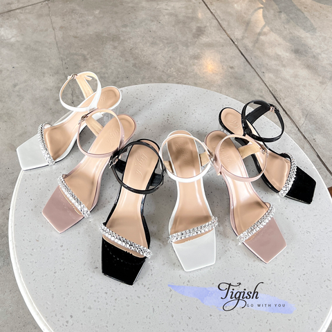  Sandal 7p gót trụ mika mũi vuông quai ngang đính đá - MS: S7-23023 