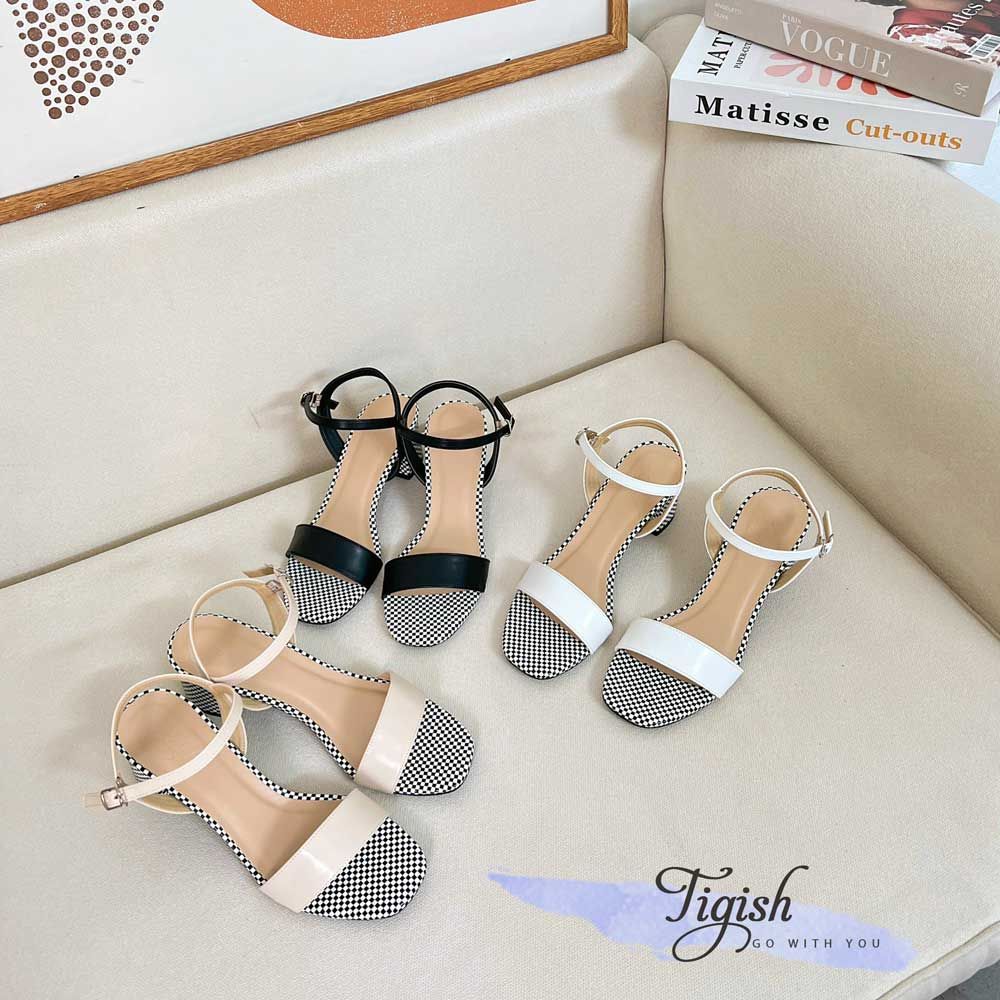 Sandal 5p gót vuông mũi vuông quai ngang phối caro - MS: S5-23044