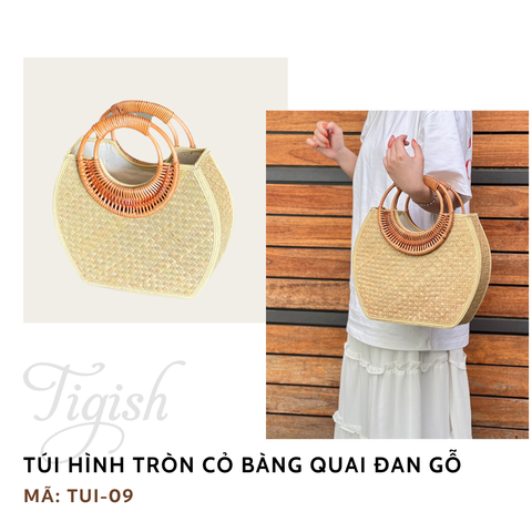  Túi hình tròn cỏ bàng quai đan gỗ - TUI09 