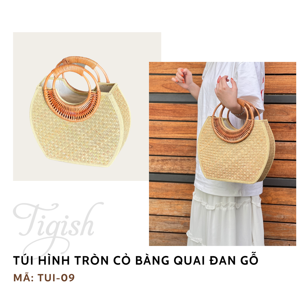 Túi hình tròn cỏ bàng quai đan gỗ - TUI09
