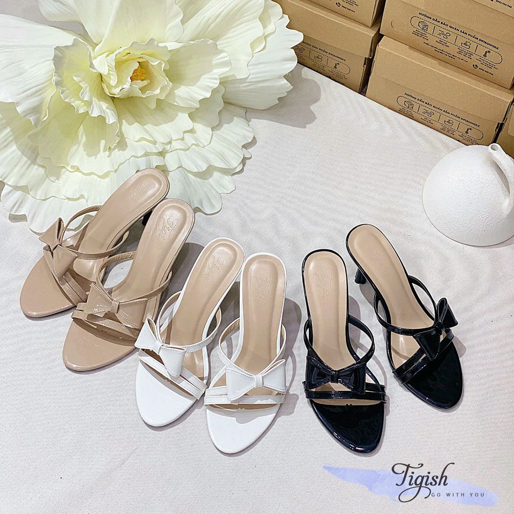 Guốc 7p gót hoa mũi tròn 3 quai mảnh ngang chéo gắn nơ - MS: G7-23012