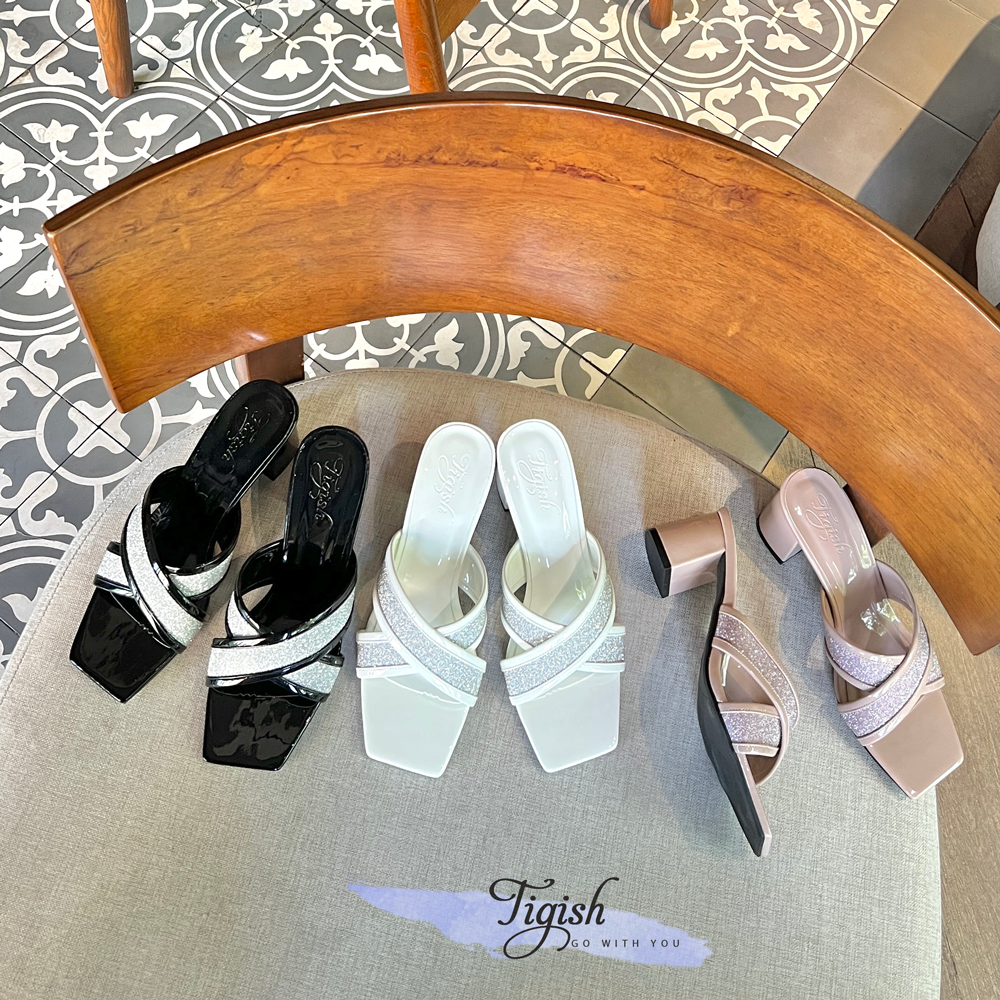 Guốc 5p gót trụ mũi vuông 2 quai chéo viền phối màu -  MS: G5-23018