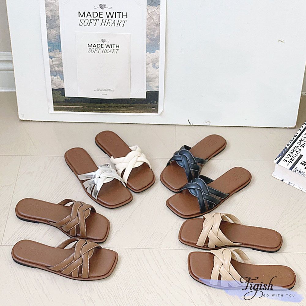 Dép xẹp mũi vuông quai đan may chỉ - MS: DX-25071