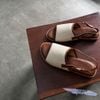 Sandal 2p gót vân gỗ mũi tròn quai ngang vải phối viền - MS: S2-01003