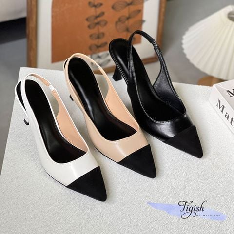  Cao gót 7p gót vuông nhỏ mũi nhọn vá mũi hậu hở thun - MS: C7-10018 