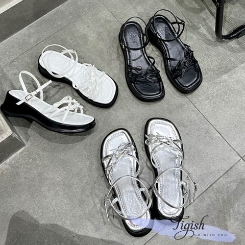  Sandal bánh mì 5p mũi tròn 3 quai mảnh chéo gắn nơ nhí - MS: S5-25008 