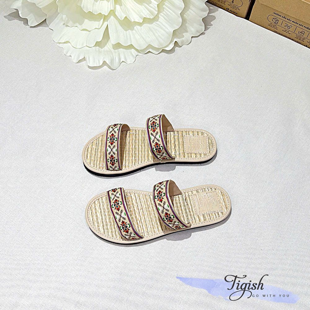 Dép cói mũi tròn 2 quai ngang họa tiết - MS: DX-01057