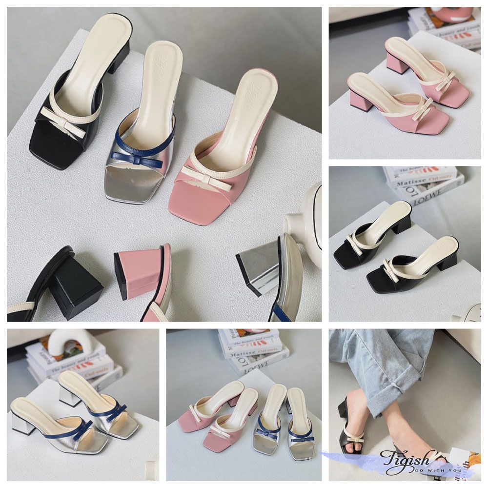 Guốc 5p gót vuông mũi vuông quai viền phối nơ - MS: G5-23022