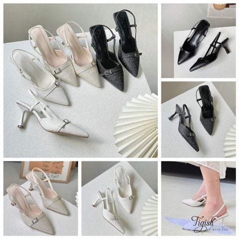  Cao gót 7p gót nhọn mũi nhọn quai ngang khóa - MS: C7-75006 
